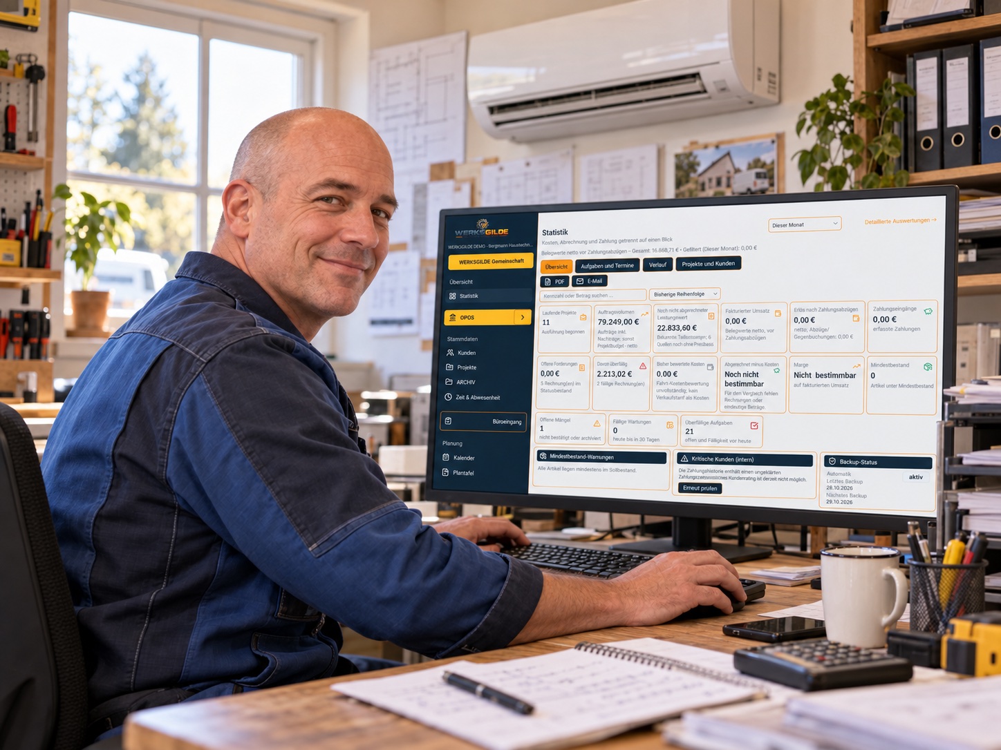 Handwerksmeister am PC mit WERKSGILDE im Meisterbüro